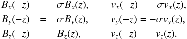 Mathematical equation: \begin{eqnarray} B_x(-z)&=&\sigma B_x(z), \qquad v_x(-z)=-\sigma v_x(z),\nonumber \\ B_y(-z)&=&\sigma B_y(z),\qquad v_y(-z)=-\sigma v_y(z),\nonumber \\ \label{eq:symmetries}B_z(-z)&=&B_z(z),\qquad\;\;\, v_z(-z)=-v_z(z). \end{eqnarray}