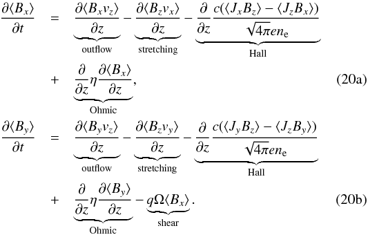 Mathematical equation: % subequation 3136 0 \begin{eqnarray} \pD{t}{\langle B_x \rangle} &=&\underbrace{\pD{z}{\langle B_x v_z \rangle}}_\mathrm{outflow} - \underbrace{\pD{z}{ \langle B_z v_x \rangle}}_\mathrm{stretching}-\underbrace{\pD{z}{}\frac{c(\langle J_xB_z \rangle - \langle J_zB_x \rangle)}{\sqrt{4\pi}en_{\rm e}}}_ \mathrm{Hall} \nonumber\\* \label{eq:xind} \mbox{} & + &\underbrace{\pD{z}{} \eta \pD{z}{\langle B_x \rangle}}_\mathrm{Ohmic} , \\* \pD{t}{\langle B_y\rangle}&=&\underbrace{\pD{z}{ \langle B_y v_z \rangle}}_\mathrm{outflow} - \underbrace{\pD{z}{\langle B_z v_y \rangle}}_\mathrm{stretching} -\underbrace{\pD{z}{} \frac{c(\langle J_yB_z \rangle - \langle J_zB_y \rangle)}{\sqrt{4\pi}en_{\rm e}}}_\mathrm{Hall} \nonumber \\* \label{eq:yind} \mbox{} & +&\underbrace{\pD{z}{} \eta \pD{z}{\langle B_y \rangle}}_\mathrm{Ohmic} - \underbrace{q\Omega \langle B_x\rangle}_\mathrm{shear}. \end{eqnarray}