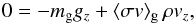Mathematical equation: \begin{eqnarray} \nonumber 0 = - m_{\rm g} g_z + \langle \sigma v \rangle_{\rm g} \, \rho v_z , \end{eqnarray}