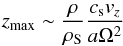 Mathematical equation: \begin{eqnarray} \nonumber z_{\rm max} \sim \frac{\rho}{\rho_{\rm S}} \frac{c_{\rm s} v_z}{a \Omega^2} \end{eqnarray}