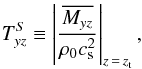 Mathematical equation: \begin{eqnarray} \label{eqn:tstress} T_{yz}^S \equiv\left| \frac{ \overline{M_{yz}}}{\rho_0 c_{\rm s}^2}\right|_{z\,=\,z_{\rm t}} , \end{eqnarray}