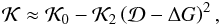 Mathematical equation: \begin{eqnarray} \label{eq:devkep} \mathcal{K} \approx \mathcal{K}_0 - \mathcal{K}_2 \left(\mathcal{D} - \Delta G\right)^2, \end{eqnarray}