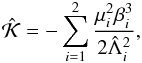Mathematical equation: \begin{eqnarray} \label{eq:Kep} \scaled{\mathcal{K}} = - \sum_{i=1}^2 \frac{\mu_i^2 \beta_i^3}{2 \scaled{\Lambda}_i^2}, \end{eqnarray}