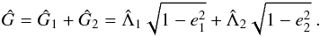 Mathematical equation: \begin{eqnarray} \label{eq:G} \scaled{G} = \scaled{G}_1 + \scaled{G}_2 = \scaled{\Lambda}_1\sqrt{1-e_1^2} + \scaled{\Lambda}_2\sqrt{1-e_2^2}\ . \end{eqnarray}
