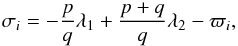 Mathematical equation: \begin{eqnarray} \label{eq:sigma} \sigma_i = -\frac{p}{q}\lambda_1 + \frac{p+q}{q} \lambda_2 - \varpi_i, \end{eqnarray}