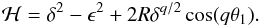 Mathematical equation: \appendix \setcounter{section}{1} \begin{eqnarray} \label{eq:Hpendulb} \mathcal{H} = \delta^2 - \epsilon^2 + 2 R \delta^{q/2} \cos(q\theta_1). \end{eqnarray}