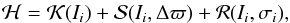 Mathematical equation: \begin{eqnarray} \label{eq:Haver} \mathcal{H} = \mathcal{K}(I_i) + \mathcal{S}(I_i, \Delta\varpi) + \mathcal{R}(I_i,\sigma_i), \end{eqnarray}