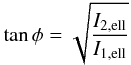 Mathematical equation: \begin{eqnarray} \label{eq:phi} \tan \phi = \sqrt{\frac{I_{2,{\rm ell}}}{I_{1,{\rm ell}}}} \end{eqnarray}