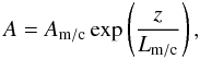 Mathematical equation: $$ A=A_{\rm m/c}\exp\left(\frac{z}{L_{\rm m/c}}\right), $$