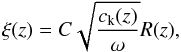 Mathematical equation: \begin{equation} \label{eq:wkb} \xi(z)=C\sqrt{\frac{c_{\rm k}(z)}{\omega}}R(z), \end{equation}
