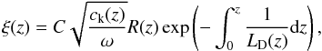 Mathematical equation: \begin{equation} \label{eq:wkb_res} \xi(z)=C\sqrt{\frac{c_{\rm k}(z)}{\omega}}R(z)\exp\left(-\int_0^z\frac{1}{L_{\rm D}(z)}{\rm d}z\right), \end{equation}