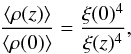 Mathematical equation: \begin{equation} \label{eq:den} \frac{\langle\rho(z)\rangle}{\langle\rho(0)\rangle}=\frac{\xi(0)^4}{\xi(z)^4}, \end{equation}