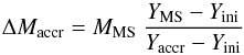 Mathematical equation: \begin{equation} \Delta M_{\rm accr}=M_{\rm MS} \ \frac{Y_{\rm MS}-Y_{\rm ini}}{Y_{\rm accr}-Y_{\rm ini}} \label{eqY} \end{equation}