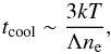 Mathematical equation: \begin{equation} \label{tcool} t_{\rm cool} \sim \frac{3kT}{\Lambda n_{\rm e}}, \end{equation}
