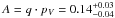 Mathematical equation: \hbox{$A = q \cdot p_V = 0.14^{+0.03}_{-0.04}$}