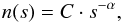 Mathematical equation: \begin{equation} n(s) = C\cdot s^{-\alpha}, \end{equation}