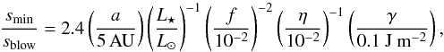 Mathematical equation: \begin{equation} \label{eq:s_ratio} \frac{s_{\rm min}}{s_{\rm blow}} = 2.4 \left( \frac{a}{5\,\mathrm{AU}} \right) \left( \frac{L_{\star}}{L_{\odot}} \right)^{-1} \left( \frac{f}{10^{-2}} \right)^{-2} \left( \frac{\eta}{10^{-2}} \right)^{-1} \left( \frac{\gamma}{0.1~\mathrm{J~m^{-2}}} \right), \end{equation}