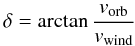 Mathematical equation: $$\delta = \arctan{\frac{v_{\rm orb}}{v_{\rm wind}}}$$