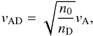 Mathematical equation: \begin{equation} v_{\rm AD}=\sqrt{n_0\over n_{\rm D}}v_{\rm A}, \end{equation}