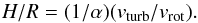 Mathematical equation: \begin{equation} \label{eq:HtoR} H/R = (1/\alpha) (v_{\rm turb}/v_{\rm rot}). \end{equation}