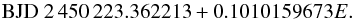 Mathematical equation: \begin{equation} \mathrm{BJD} \ 2\,450\,223.362213+0.1010159673E. \end{equation}