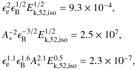 Mathematical equation: \begin{equation} \label{eq:param} \begin{array}{lll} \epsilon_{\rm e}^{2}\epsilon_{\rm B}^{1/2}E_{\rm k,52,iso}^{1/2}=9.3\times10^{-4},\\ \\ A_{*}^{-2}\epsilon_{\rm B}^{-3/2}E_{\rm k,52,iso}^{1/2}=2.5\times10^{7},\\ \\ \epsilon_{\rm e}^{1.1}\epsilon_{\rm B}^{1.6}A_{*}^{2.1}E_{\rm k,52,iso}^{0.5}=2.3\times10^{-7}, \end{array} \end{equation}
