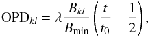 \begin{eqnarray*} \text{OPD}_{kl} = \lambda \frac{B_{kl}}{B_{\rm min}}\left(\frac{t}{t_0} - \frac{1}{2}\right), \end{eqnarray*}
