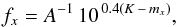 \begin{equation} \label{eq:flux} f_x=A^{-1}\,10^{\,0.4 \left(K \,-\, m_x\right)} , \end{equation}