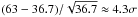 \hbox{$(63-36.7)/\sqrt{36.7}\approx4.3\sigma$}