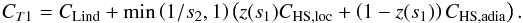 \begin{equation} C_{T1} = \clind + \min\left(1/s_2,1\right) \left( z(s_1) \chsl + \left(1-z(s_1)\right) \chsa \right). \label{ct1v2} \end{equation}