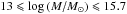 \hbox{$13\leqslant\log\,(M/{M}_{\odot})\leqslant15.7$}