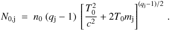 \begin{eqnarray} N_{0, {\rm j}} ~=~ n_0 ~(q_{\rm j}-1)~ \left[ {T_0^2 \over c^2} +2T_0 m_{\rm j} \right]^{(q_{\rm j}-1)/ 2}\,. \label{eq:CRspectr_norm} \end{eqnarray}