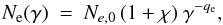 \begin{eqnarray} N_{\rm e}(\gamma) ~=~ N_{e,{\rm 0}}\, (1+\chi) ~ \gamma^{-q_{\rm e}} , & & \label{eq:el_spectrum} \end{eqnarray}