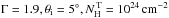 \hbox{$\Gamma=1.9,\theta_{\rm i}=5^{\circ},N_{\rm H}^{\mathrm{\,T}}=10^{24}\rm\,cm^{-2}$}