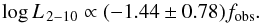\begin{equation} \label{eq:logLcvsFobs} \log L_{\,2-10}\propto (-1.44\pm0.78)f_{\rm obs}. \end{equation}