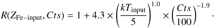 \begin{equation} \label{metbias} R(Z_{\rm Fe-input},Cts) = 1+4.3\times \left({kT_{\rm input}\over 5}\right)^{1.0} \times \left({Cts\over {100}}\right)^{-1.9}\cdot \end{equation}