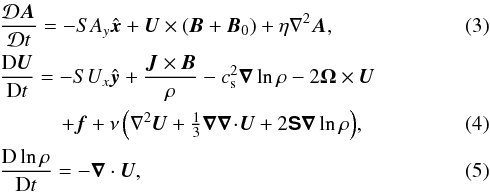 \begin{eqnarray} &&{\DDD\AAA\over\DDD t} = -SA_y\xxx+\UU\times(\BB+\BB_0)+\eta\nabla^2\AAA, \\ &&{\DD\UU\over\DD t} = -SU_x\yyy +{\JJ\times\BB\over\rho}-c_{\rm s}^2\nab\ln\rho-2\OO\times\UU \nonumber \\ &&\qquad\quad+ \ff +\nu\left(\nabla^2\UU+\onethird\nab\nab\!\cdot\!\UU +2\SSSS\nab\ln\rho\right)\!, \\ &&{\DD\ln\rho\over\DD t} = -\nab\cdot\UU, \end{eqnarray}