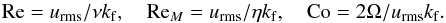 \begin{equation} \Rey=\urms/\nu\kf,\quad \Rm=\urms/\eta\kf,\quad \Co=2\Omega/\urms\kf. \label{CoDef} \end{equation}