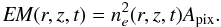 $$ {\it EM}(r,z,t) = n_{e}^{2}(r,z,t) A_{\rm pix}. $$