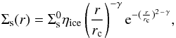 \begin{eqnarray} \Sigma_{\text{s}}(r) = \Sigma^{0}_{\text{s}}\eta_{\text{ice}}\left(\dfrac{r}{r_{\text{c}}}\right)^{-\gamma}{\rm e}^{-(\frac{r}{r_{\text{c}}})^{2\,-\,\gamma}}, \label{eq:solidos} \end{eqnarray}