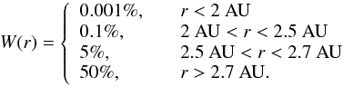 \begin{eqnarray*} W(r) =\left\{ \begin{array}{ll} 0.001\%,~~~~& r < 2~\text{AU}\\ 0.1\%,~~~~ & 2~\text{AU} < r < 2.5~\text{AU}\\ 5\%,~~~~ & 2.5~\text{AU} < r < 2.7~\text{AU}\\ 50\%,~~~~ & r > 2.7~\text{AU}. \end{array} \right. \end{eqnarray*}