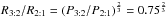\hbox{$R_{3:2}/R_{2:1}=(P_{3:2}/P_{2:1})^{\frac{2}{3}} =0.75^{\frac{2}{3}}$}
