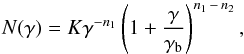 \begin{eqnarray} N (\gamma)=K \gamma^{-n_1} \left(1+\frac{\gamma}{\gamma_{\rm b}}\right)^{n_1\, -\, n_2}, \end{eqnarray}