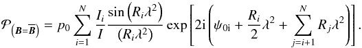 \begin{equation} \label{complex_Pol_reg_new_final} {\mathcal{P}}_{\left(\boldsymbol{B} = \overline{\boldsymbol{B}}\right)} = p_0 \sum\limits_{i=1}^N \frac{I_i}{I} \frac{\sin \left(R_i \lambda^2\right)}{\left(R_i \lambda^2\right)} \exp\left[2 \imath \left( \psi_{0 \rm i} + \frac{R_i}{2} \lambda^2 + \sum\limits_{j=i+1}^N R_j \lambda^2 \right)\right]. \end{equation}