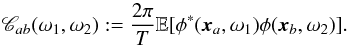 \appendix \setcounter{section}{1} \begin{equation} \Mcc_{ab}(\omega_1, \omega_2) := \frac{2\pi}{T}\mathbb{E}[\phi^\ast(\xv_a, \omega_1) \phi(\xv_b, \omega_2)]. \label{eq:Mcc} \end{equation}