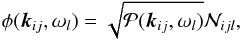 \begin{equation} \label{eq:noise_model_GB} \phi(\vec{k}_{ij},\omega_l) = \sqrt{\mathcal{P}(\vec{k}_{ij},\omega_l)}\calN_{ijl}, \end{equation}