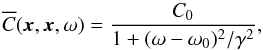 \begin{equation} \Ecc(\xv, \xv, \omega) = \frac{C_0}{1+ (\omega - \omega_0)^2 / \gamma^2}, \end{equation}