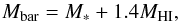 \begin{equation} \label{eq:baryonicmass} M_\mathrm{bar} = M_\mathrm{*} + 1.4M_\mathrm{HI}, \end{equation}
