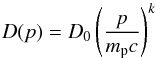 \begin{equation} D(p) = D_0 \left(\frac{p}{m_{\mathrm p}c} \right)^k \label{eq:diff_coeff_def} \end{equation}