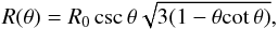 \begin{equation} R(\theta)=R_{0}\csc{\theta}\sqrt{3(1-{\theta}{\cot{\theta}})}, \label{eq:bs_2D} \end{equation}